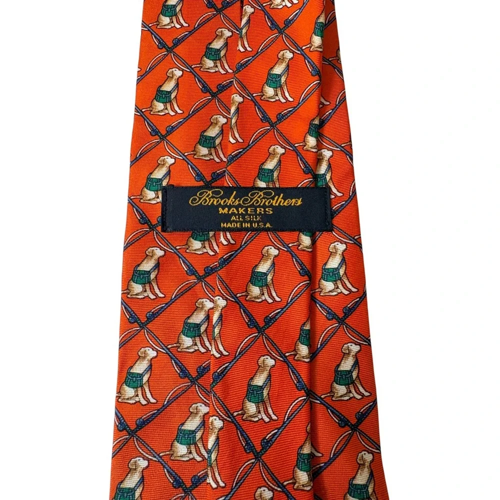 Brooks Brothers Silk Tie Orange Yellow‎ Labrador Dog Fishing Novelty Print USA